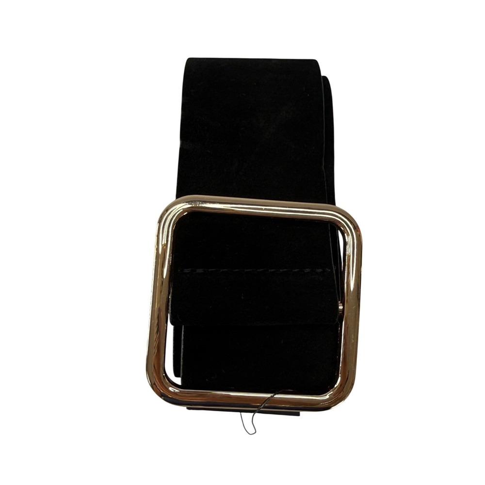 Club Monaco Womens Black Suede Cow Leather Wide Waist Belt Gold Buckle M/L New